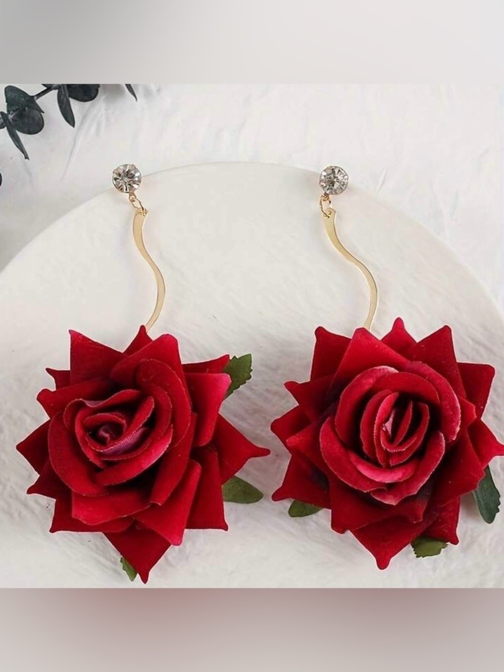 Elegant Velvet Rose Drop Statement Earrings - Red Floral Dangle